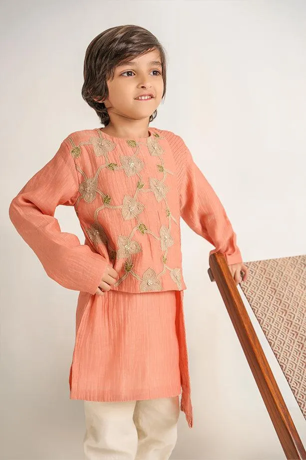 Little Muffin- Peach Chanderi Silk Hand Embroidered Asymmetrical Kurta & White Pants Set for Boys