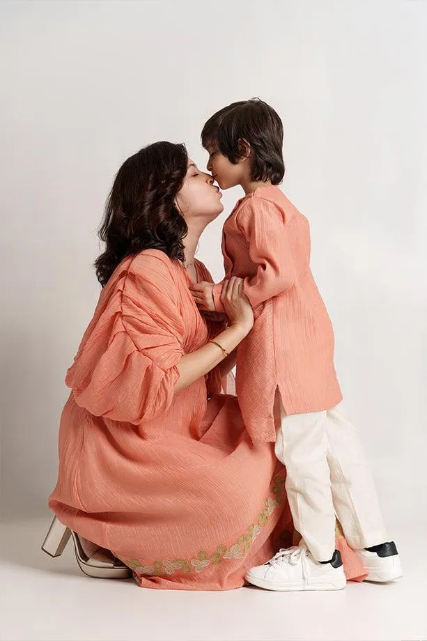 Little Muffin- Peach Chanderi Silk Hand Embroidered Asymmetrical Kurta & White Pants Set for Boys