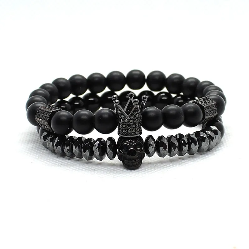 Matte Onyx Stone Beads Skull Bracelet Set Crown