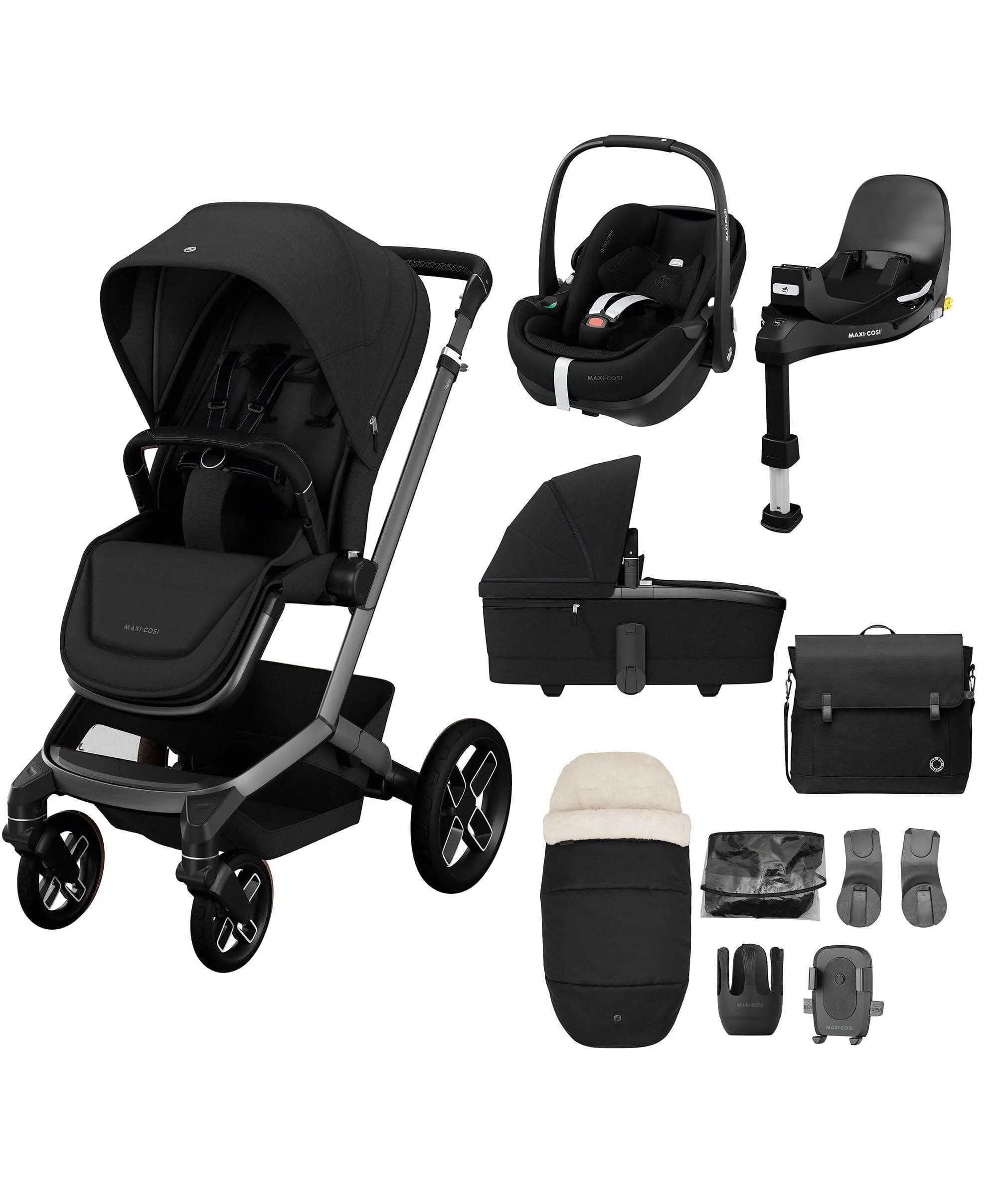 Maxi Cosi Fame Premium Pushchair Bundle with Pebble 360 Pro 2 Car Seat & Base – Black with Black Wheels