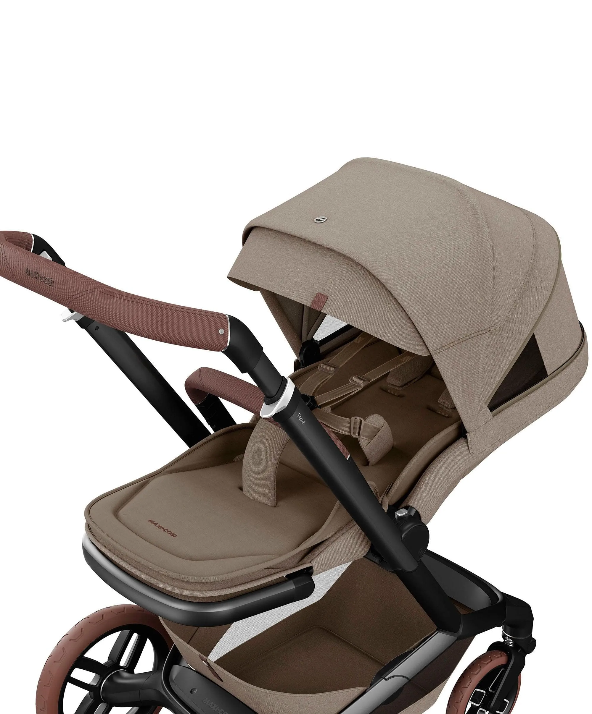 Maxi Cosi Fame Premium Pushchair Bundle with Pebble 360 Pro 2 Car Seat & Base – Truffle with Brown Wheels