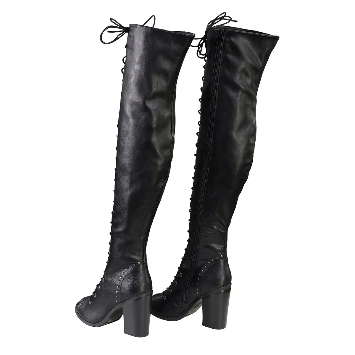 Milwaukee Leather MBL9421 Women's Black Lace-Up Knee-High Fashion Casual Boots with Open Toe