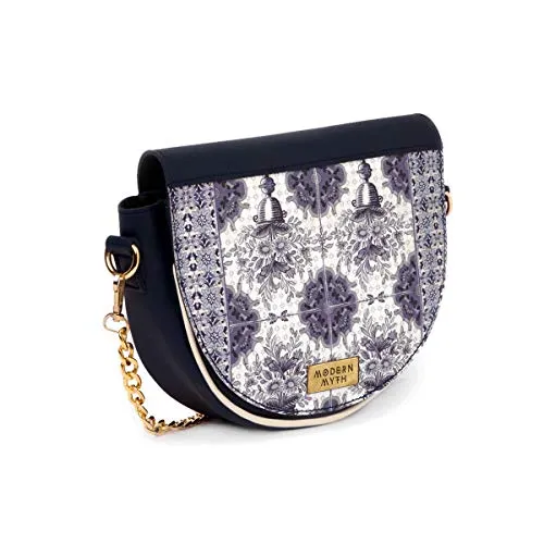 Modern Myth Persian Art Saddle Bag PU Material Printed Casual Sling Bag for Women with Blue Floral Print