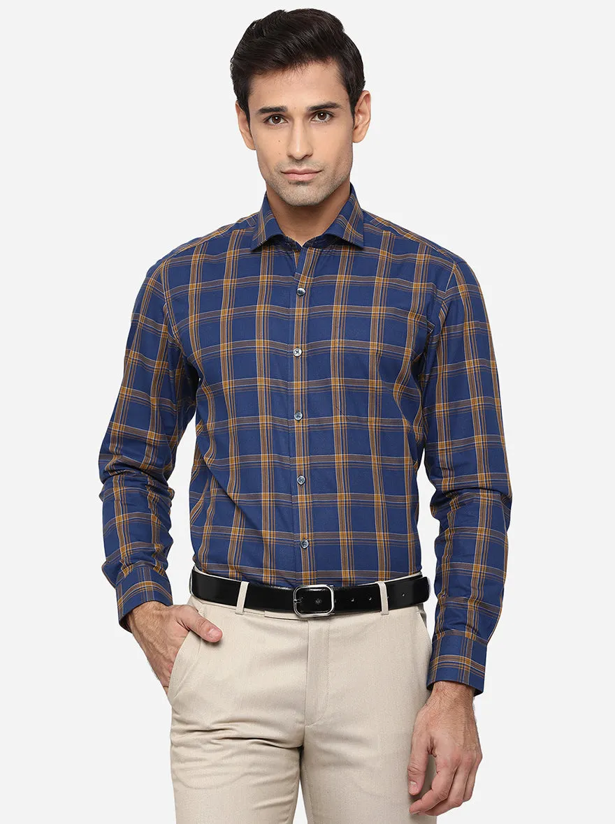 Navy Blue & Khaki Checked Slim Fit Formal Shirt | JadeBlue