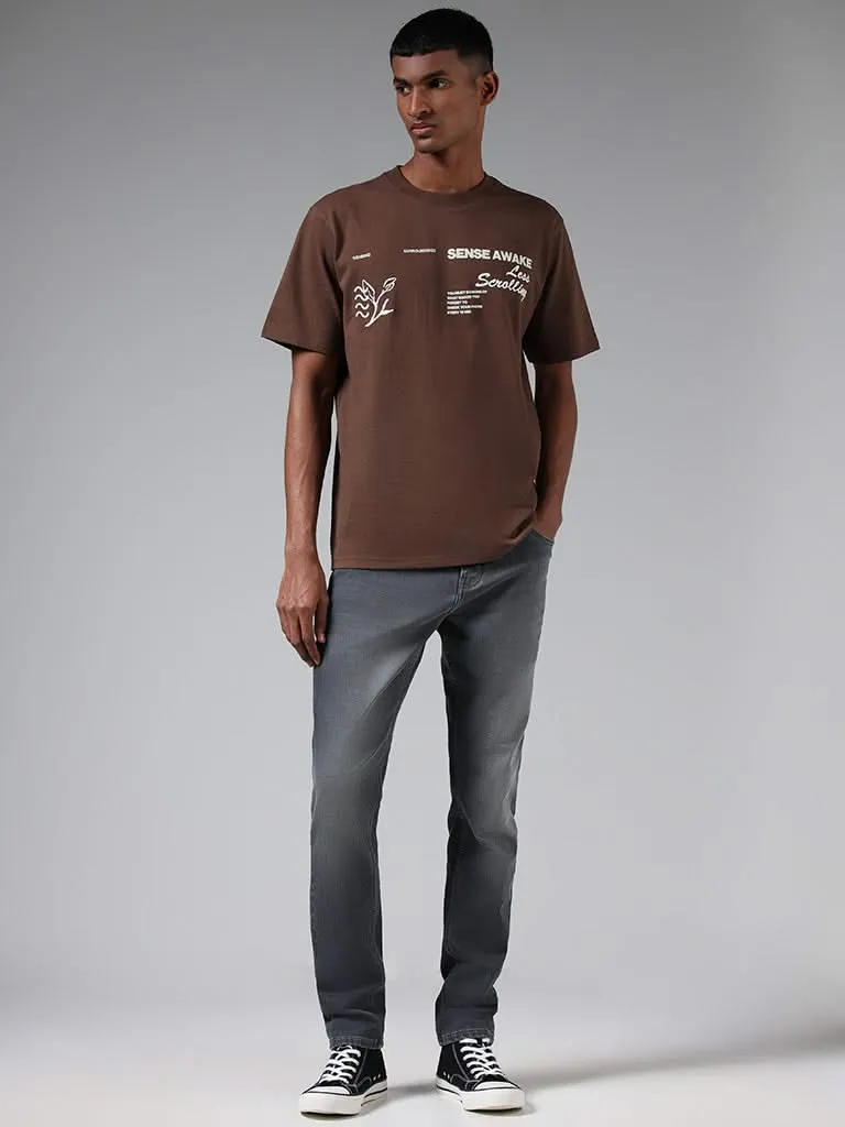 Nuon Brown Typographic Printed Cotton Relaxed-Fit T-Shirt