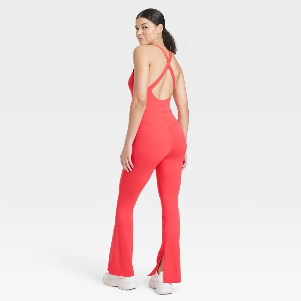 Open Box - JoyLab Women's High Neck Flare Active Bodysuits Yoga Gym Workout Jumpsuit