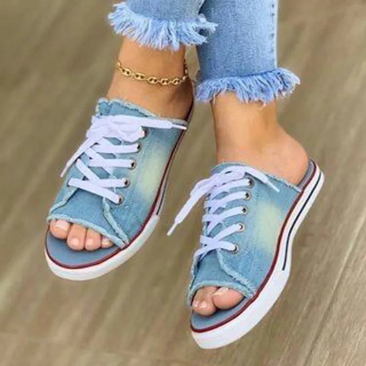 Open Toe Lace-Up Casual Denim Sandals