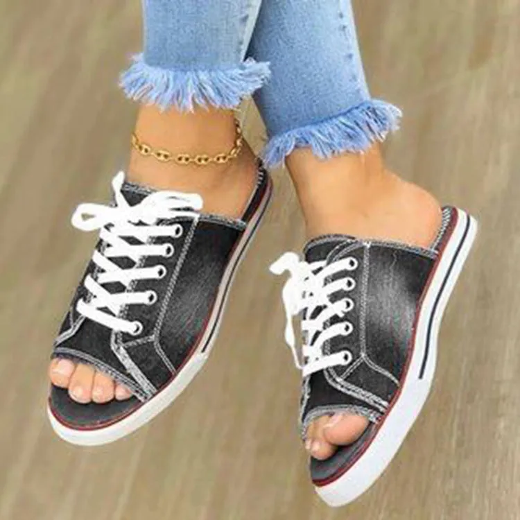 Open Toe Lace-Up Casual Denim Sandals