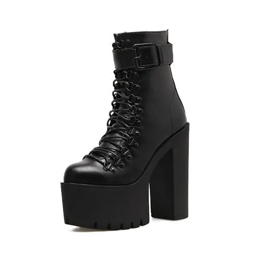 Platform Lace Buckle Strap Boots