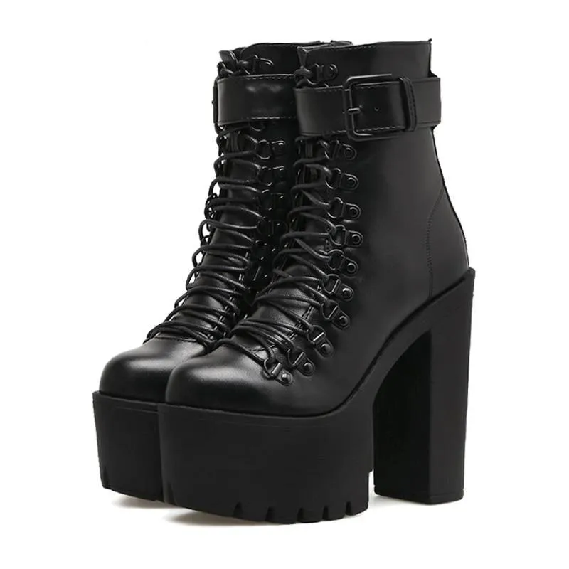 Platform Lace Buckle Strap Boots