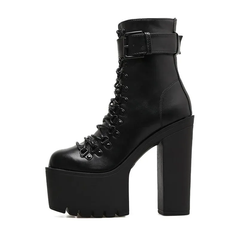 Platform Lace Buckle Strap Boots