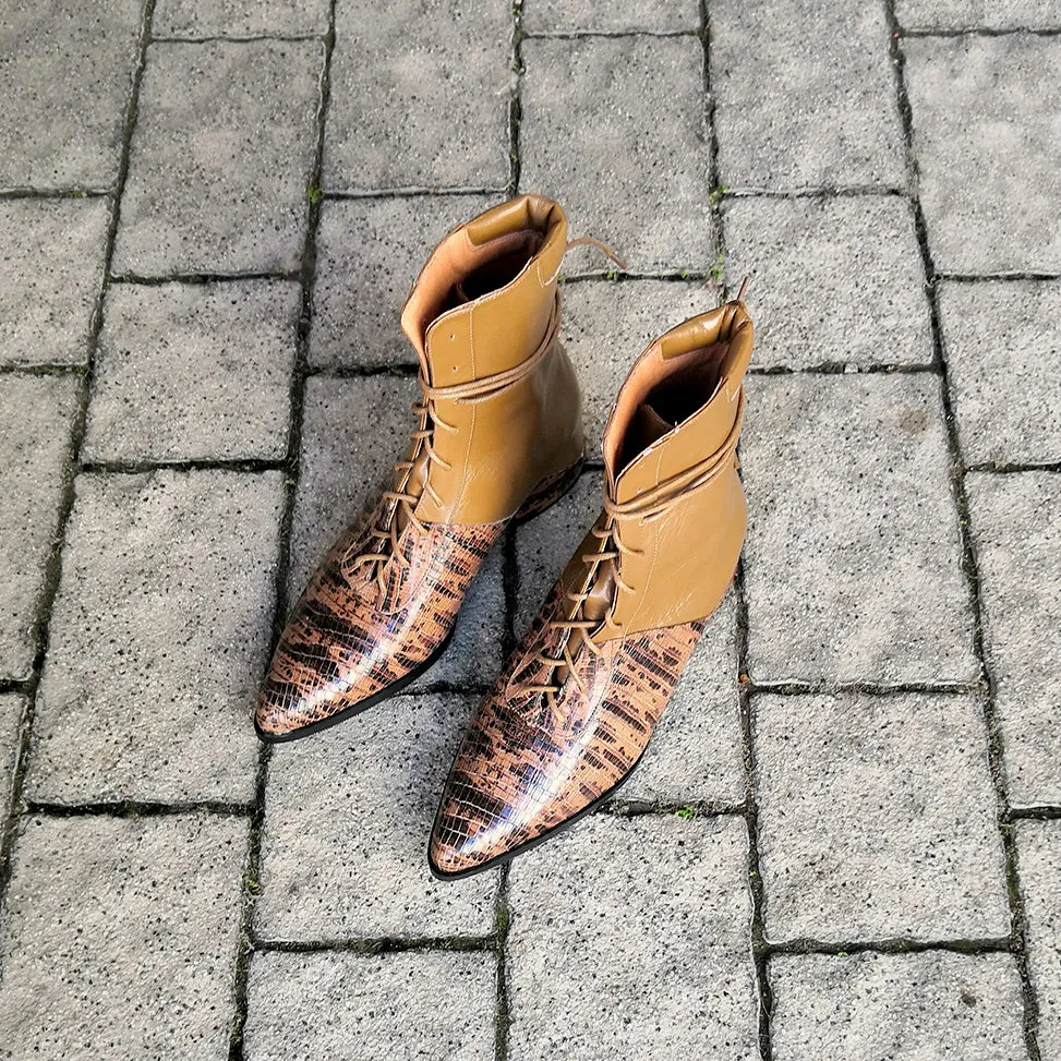 Printed Quartz-Brown Printed Leather Lace Up Ankle Boots