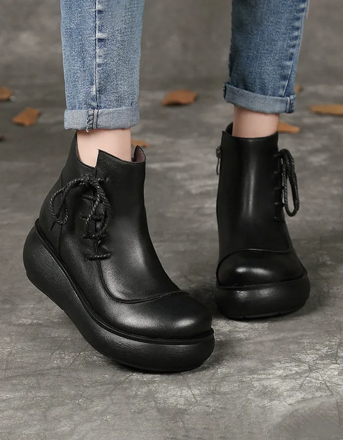 Round Toe Side Lace-up Autumn Wedge Boots