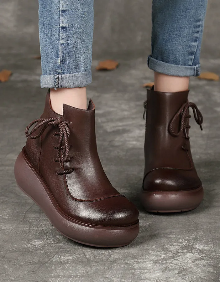 Round Toe Side Lace-up Autumn Wedge Boots