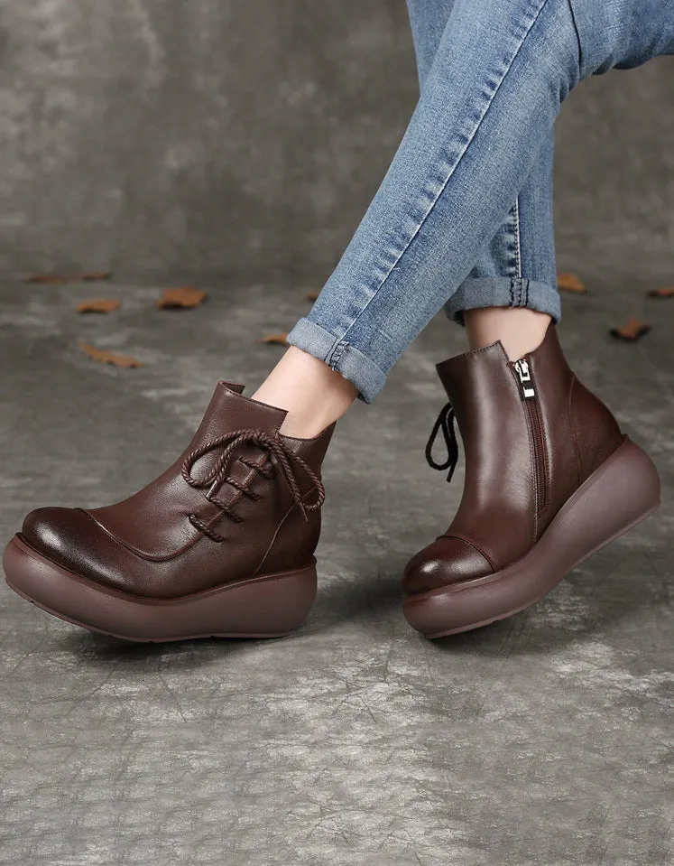 Round Toe Side Lace-up Autumn Wedge Boots