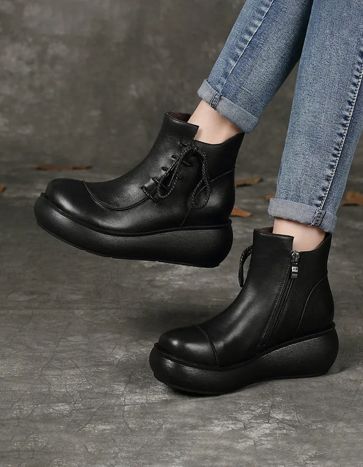 Round Toe Side Lace-up Autumn Wedge Boots