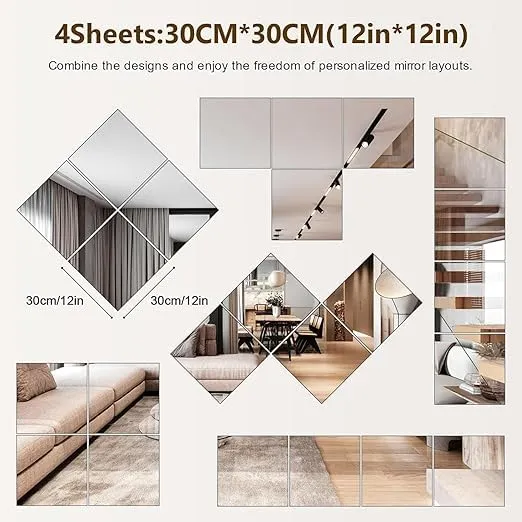 SEVEN HORSES Real HD Glass Stickers Full Length Wall Mirror Tiles, 12'' x 12'' x 4PCS, Frameless Full Body Mirror Tiles for Bedroom, Full Length Mirror Wall Mounted for Home Gym, Door