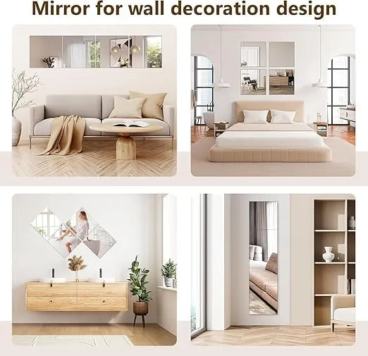 SEVEN HORSES Real HD Glass Stickers Full Length Wall Mirror Tiles, 12'' x 12'' x 4PCS, Frameless Full Body Mirror Tiles for Bedroom, Full Length Mirror Wall Mounted for Home Gym, Door