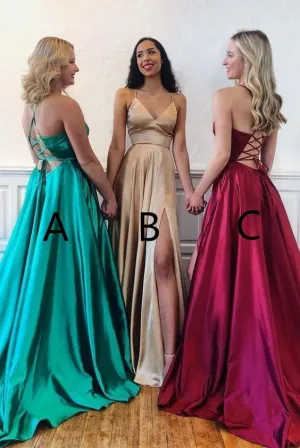 Simple Spaghetti Straps V Neck Long Prom Dress, Bridesmaid Dress with Slit UQP0103