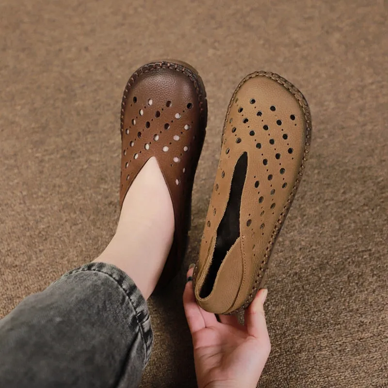 Soft Leather Flat Slip on Loafers for Women Perforated Handmade in Coffee/Khaki