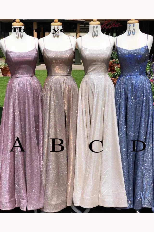 Sparkly A Line Prom Dresses, Spaghetti Straps Split Evening Dresses UQP0007