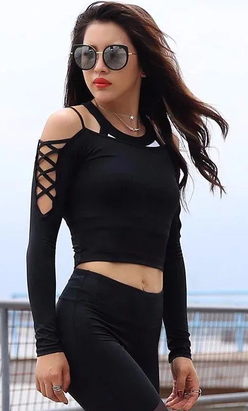 Strapless Crisscross Shoulder Long Sleeve Workout Shirt