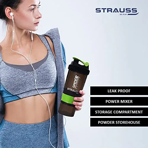 STRAUSS Spider Gym Shaker Bottle | Shakers for Protein Shake with 2 Storage Compartment | Leakproof Gym Protein Shaker for Post and Pre-Workout Drink | 100% BPA Free (500 ML, Pack of 1,Green)