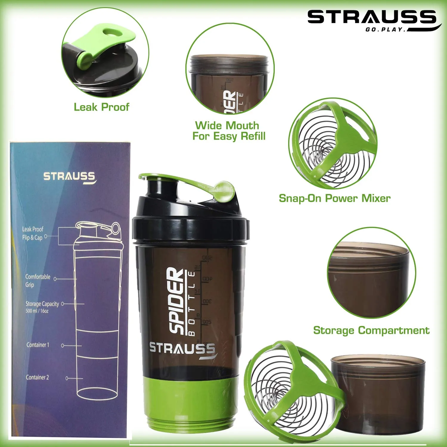 STRAUSS Spider Gym Shaker Bottle | Shakers for Protein Shake with 2 Storage Compartment | Leakproof Gym Protein Shaker for Post and Pre-Workout Drink | 100% BPA Free (500 ML, Pack of 1,Green)