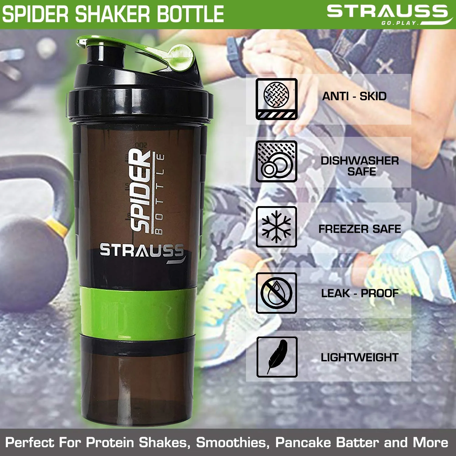 STRAUSS Spider Gym Shaker Bottle | Shakers for Protein Shake with 2 Storage Compartment | Leakproof Gym Protein Shaker for Post and Pre-Workout Drink | 100% BPA Free (500 ML, Pack of 1,Green)