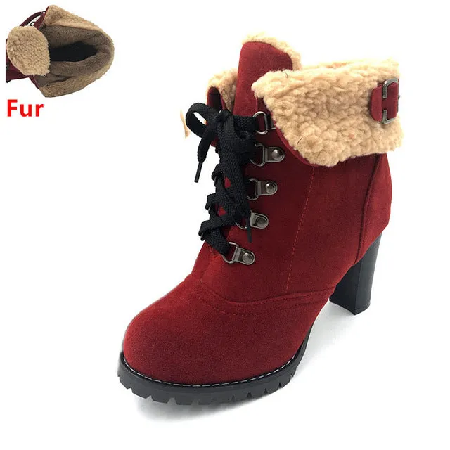 TAOFFEN women high heel half short ankle boots winter martin snow botas fashion footwear warm heels boot shoes AH195 size 32-43