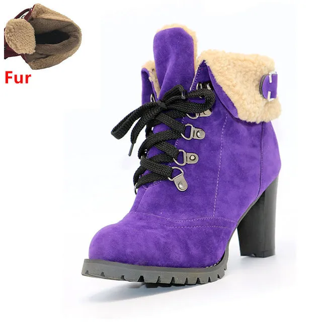 TAOFFEN women high heel half short ankle boots winter martin snow botas fashion footwear warm heels boot shoes AH195 size 32-43