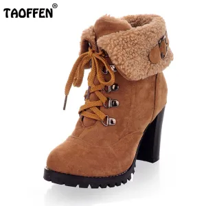 TAOFFEN women high heel half short ankle boots winter martin snow botas fashion footwear warm heels boot shoes AH195 size 32-43