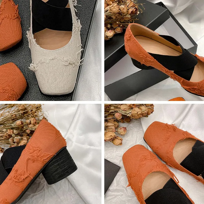 Tassels Ballet Flats with Cross-Strap Square Toe in Orange/Beige