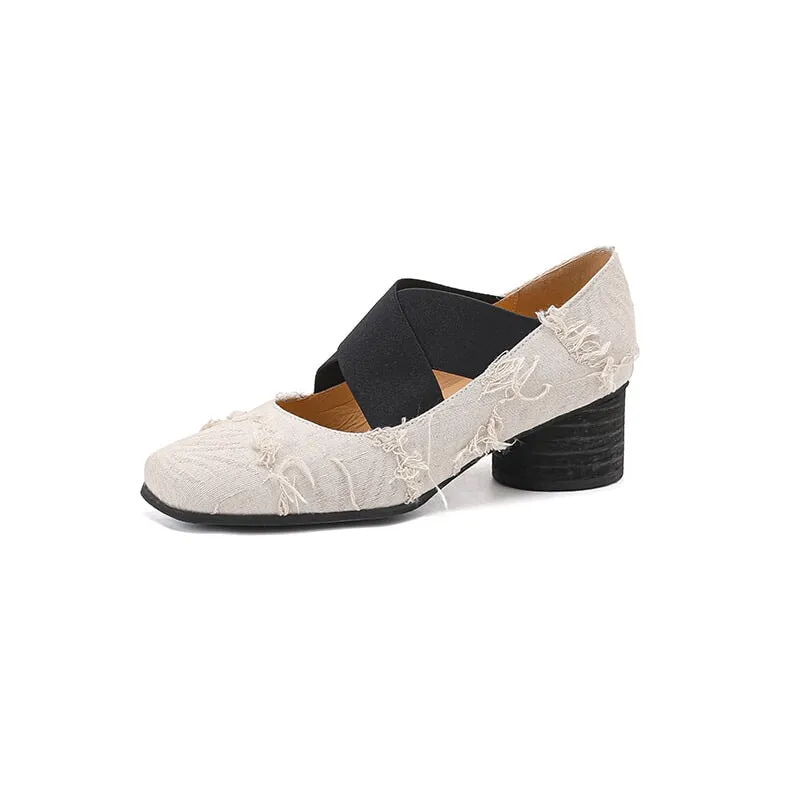 Tassels Ballet Flats with Cross-Strap Square Toe in Orange/Beige