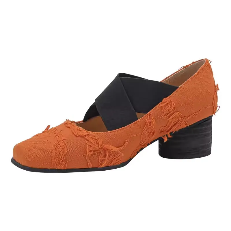 Tassels Ballet Flats with Cross-Strap Square Toe in Orange/Beige