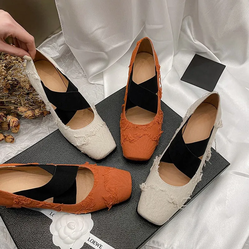 Tassels Ballet Flats with Cross-Strap Square Toe in Orange/Beige