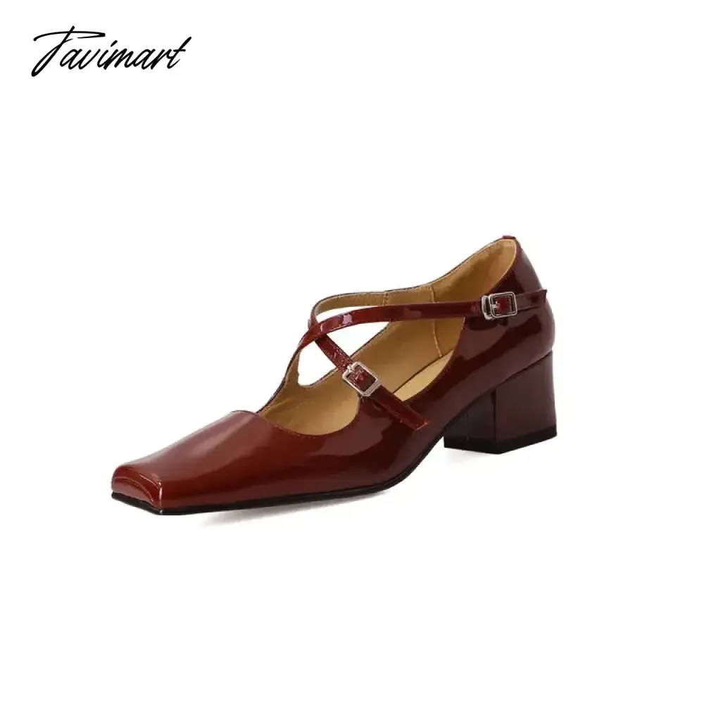 Tavimart NEW Spring/Autumn Women Shoes Split Leather Shoes Square Toe Chunky Shoes for Women Fashion Cross-tied Women Pumps Ladies Shoes