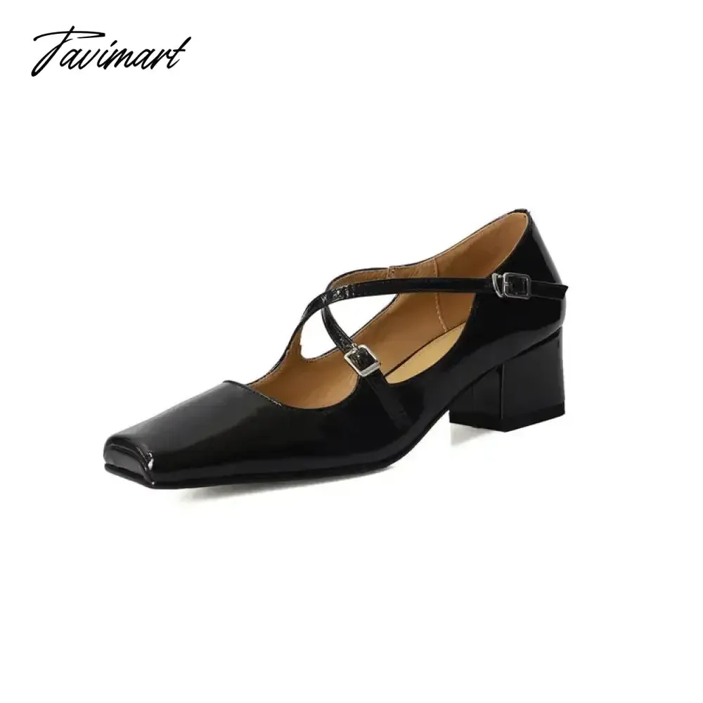 Tavimart NEW Spring/Autumn Women Shoes Split Leather Shoes Square Toe Chunky Shoes for Women Fashion Cross-tied Women Pumps Ladies Shoes