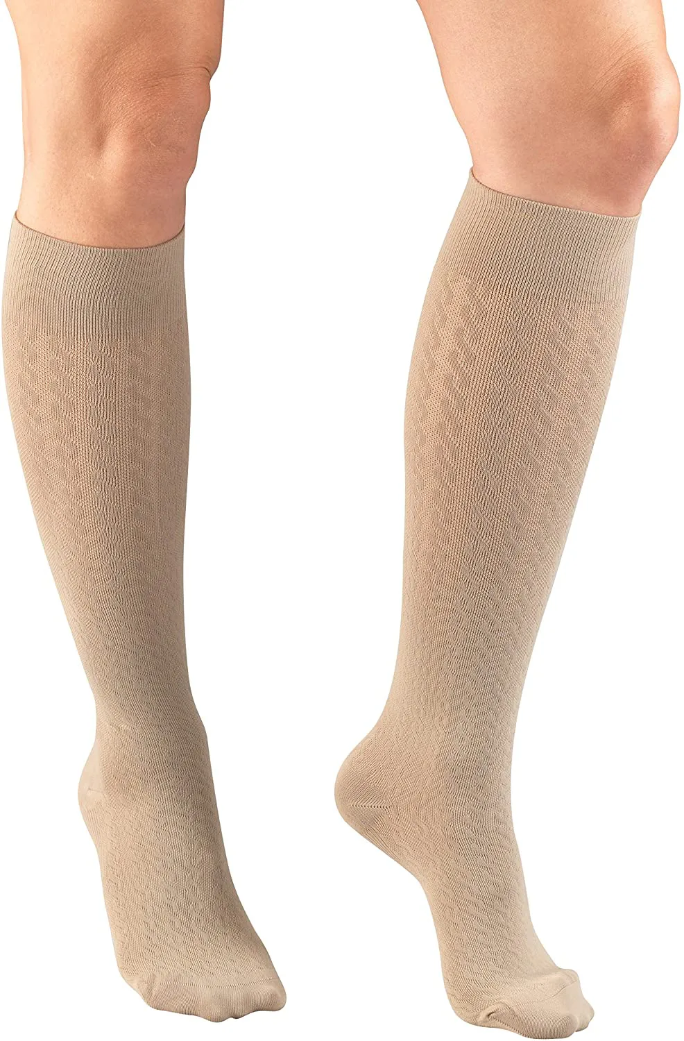 Truform Compression Socks, 15-20 mmHg, Women's Dress Socks, Knee High Over Calf Length, White Cable Knit, Large