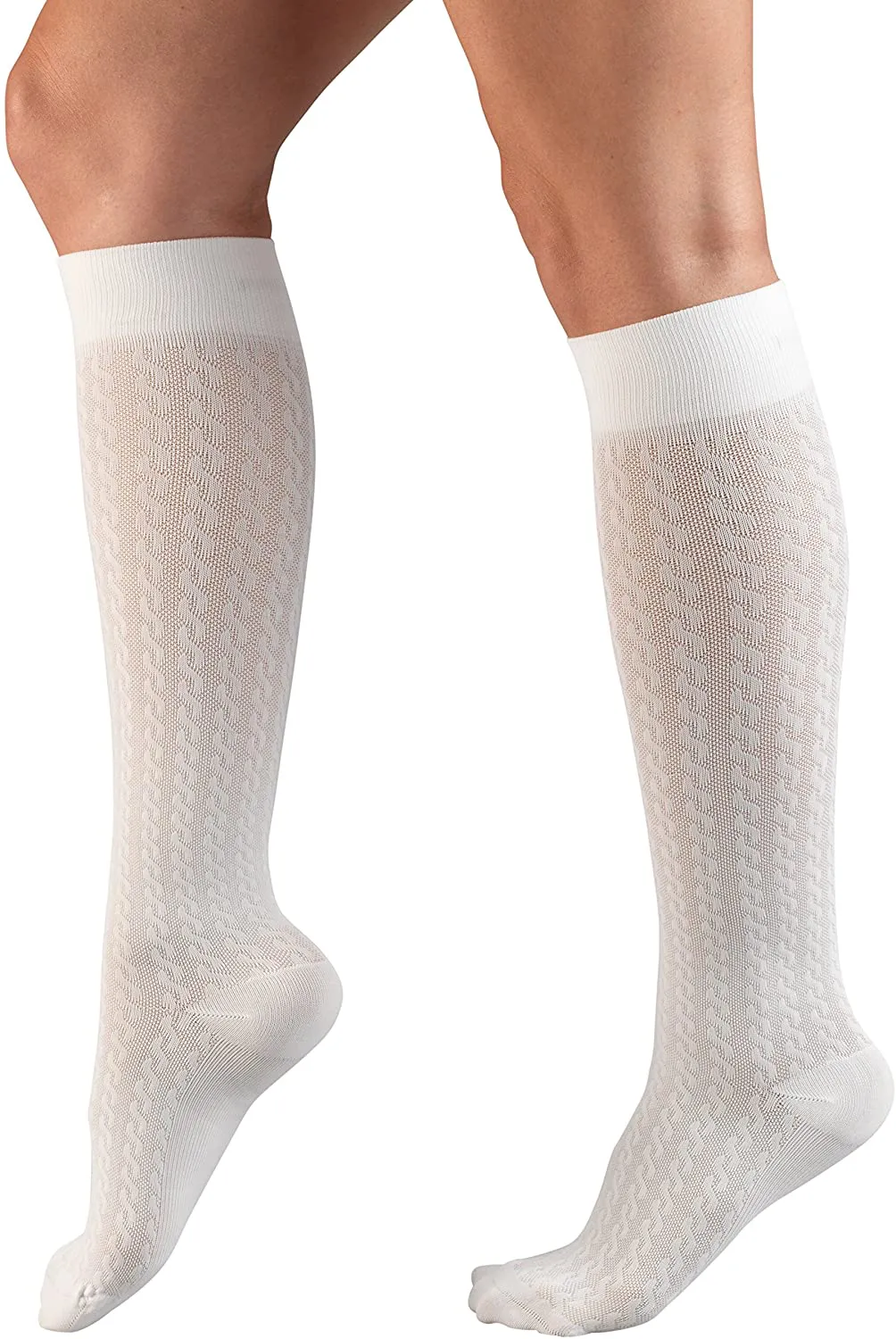 Truform Compression Socks, 15-20 mmHg, Women's Dress Socks, Knee High Over Calf Length, White Cable Knit, Large