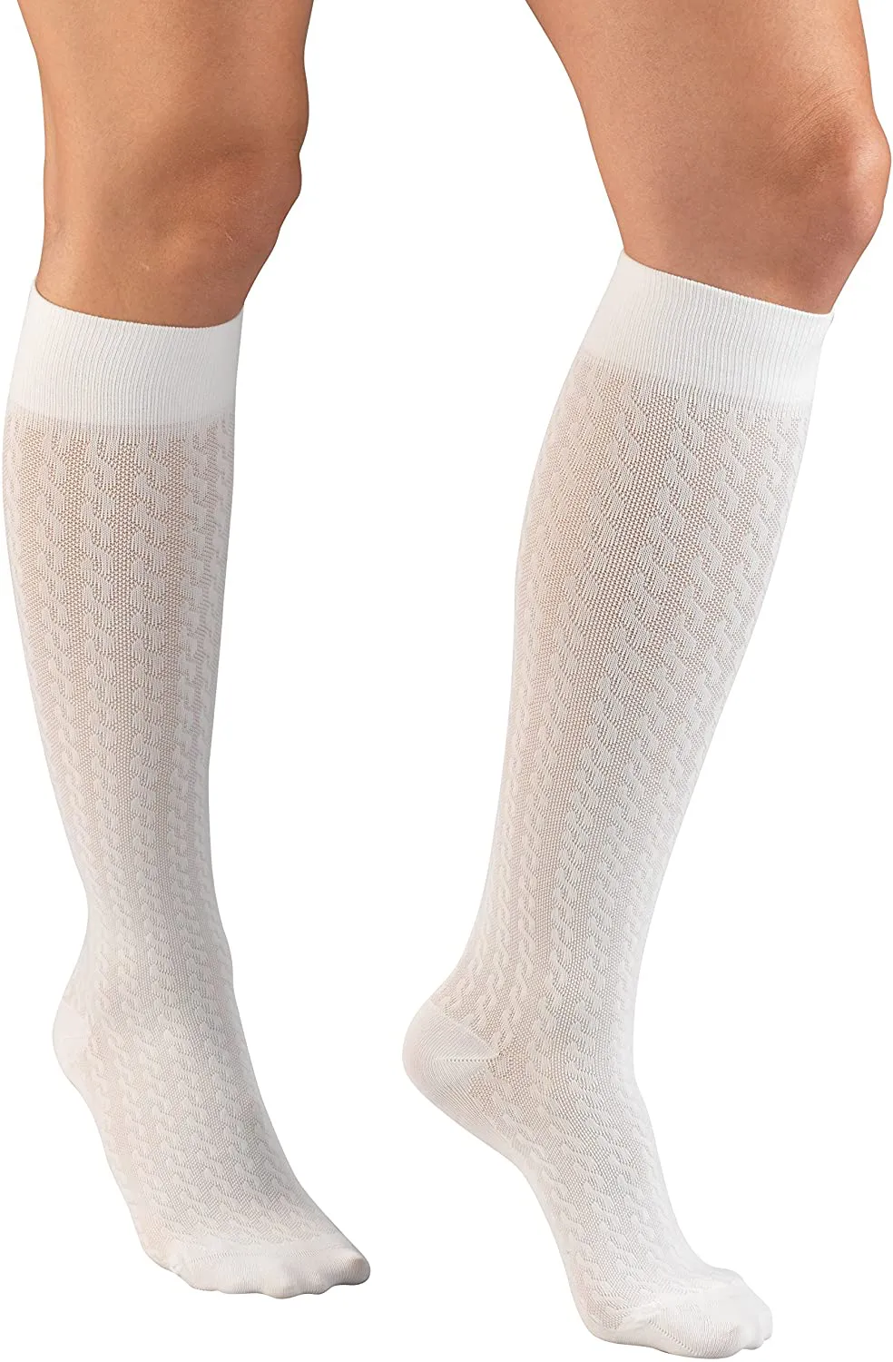 Truform Compression Socks, 15-20 mmHg, Women's Dress Socks, Knee High Over Calf Length, White Cable Knit, Large