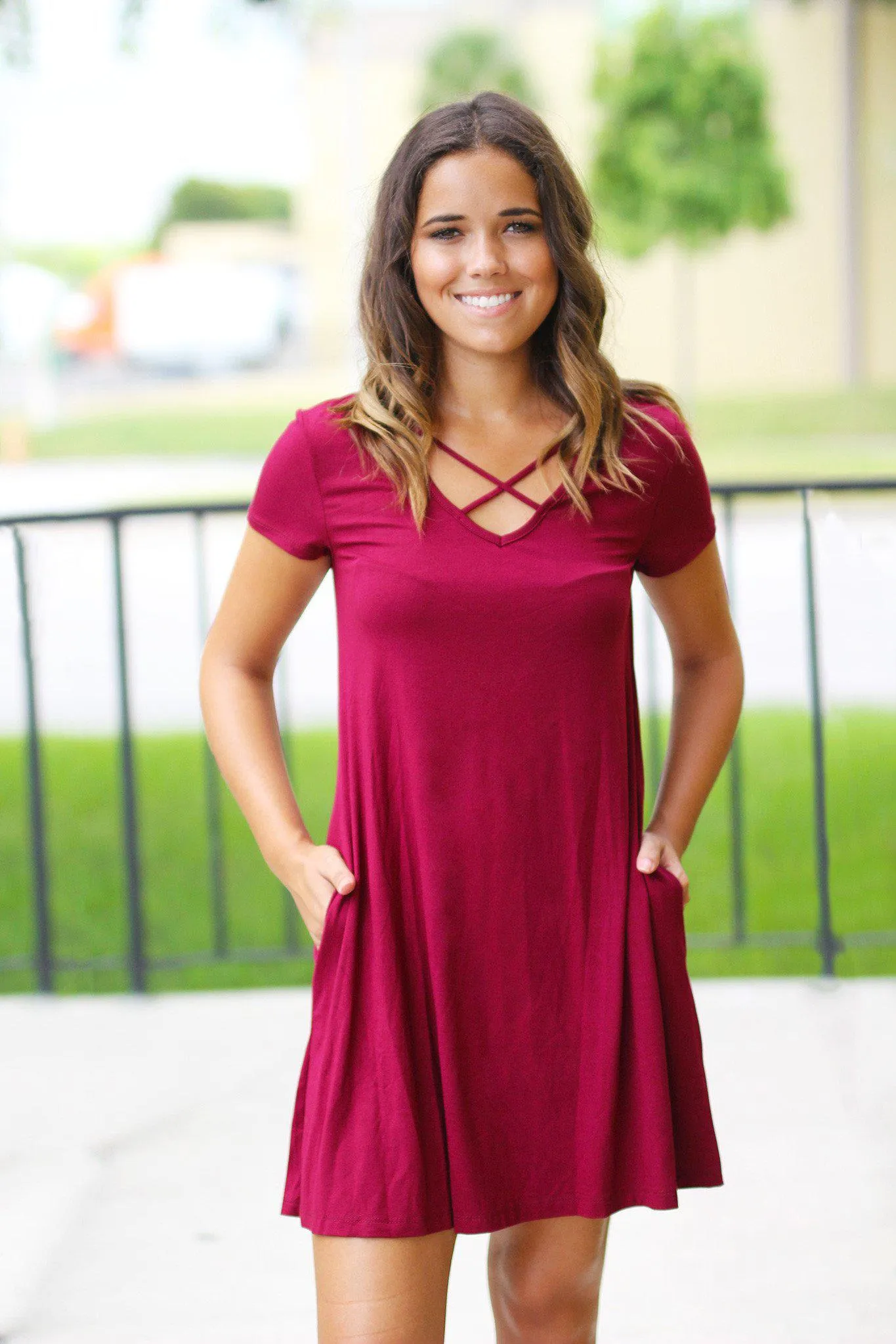 Wine Short Dress with Pockets