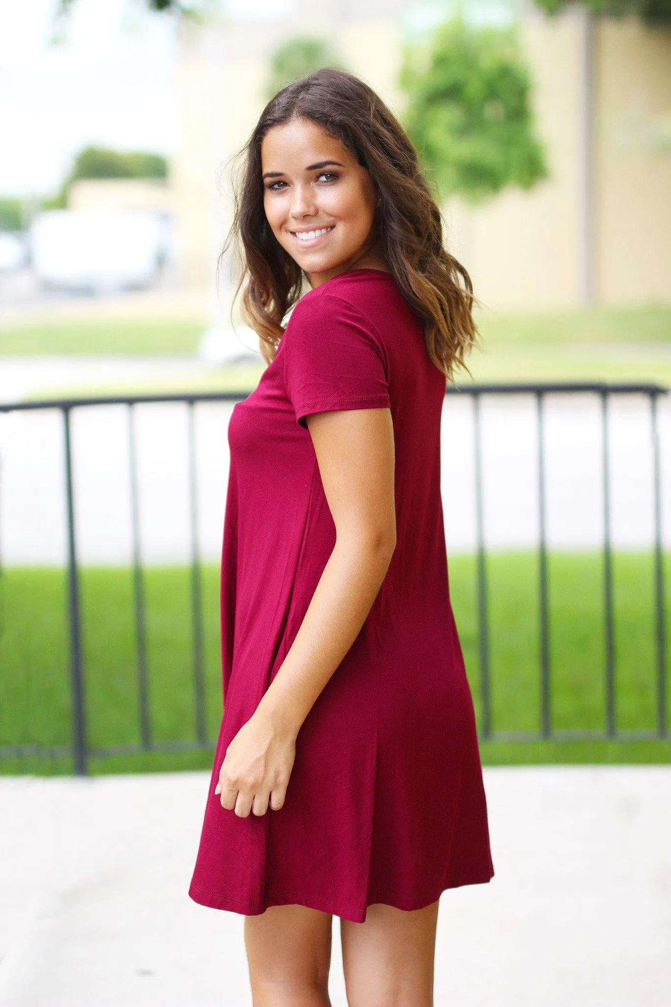 Wine Short Dress with Pockets