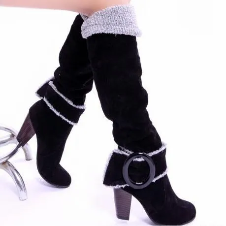 Women block heel buckle strap knee high winter boots