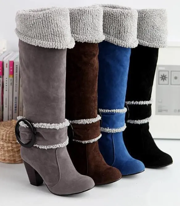 Women block heel buckle strap knee high winter boots