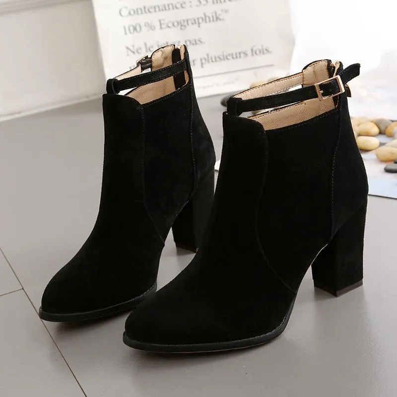 Women buckle strap back zipper ankle chunky high heel boots