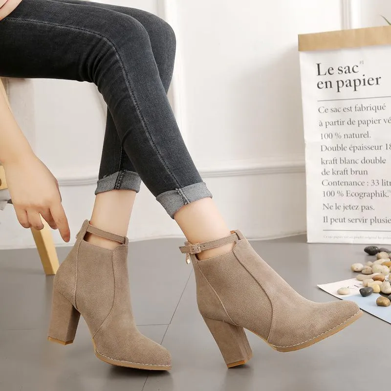 Women buckle strap back zipper ankle chunky high heel boots