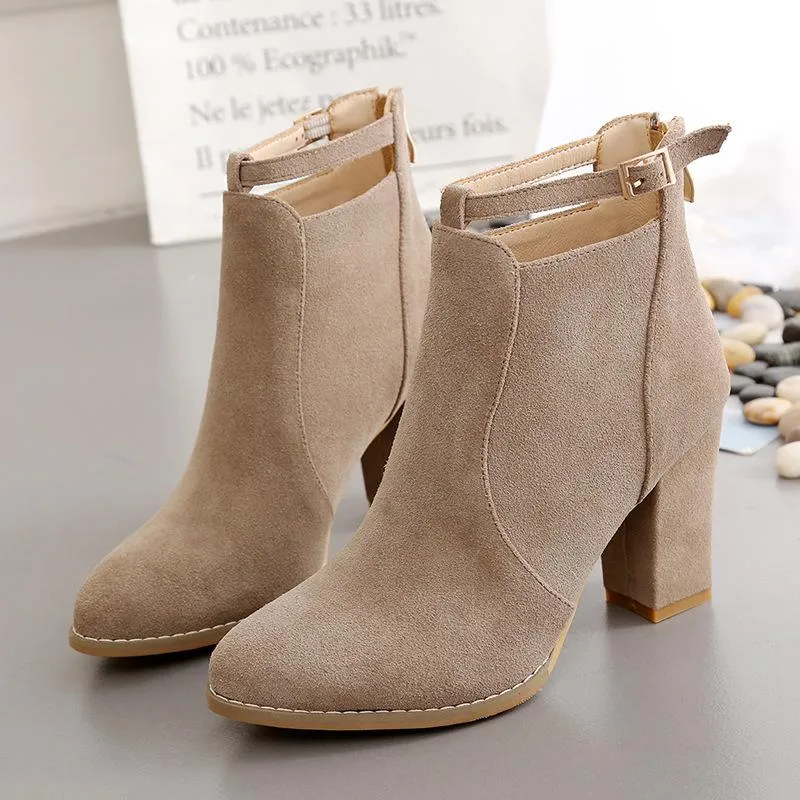 Women buckle strap back zipper ankle chunky high heel boots