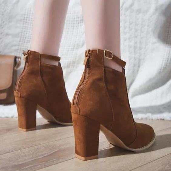 Women buckle strap back zipper ankle chunky high heel boots