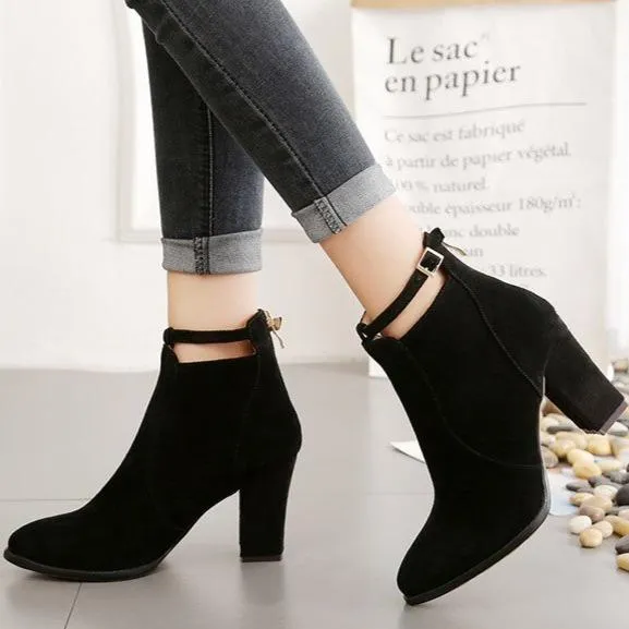 Women buckle strap back zipper ankle chunky high heel boots